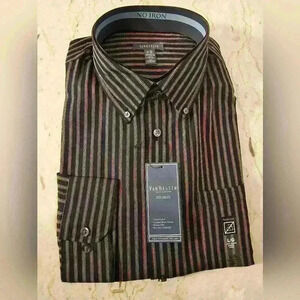 Van Heusen Mens Black Long Sleeve Dress Shirt with Gold Stripes NWT Large